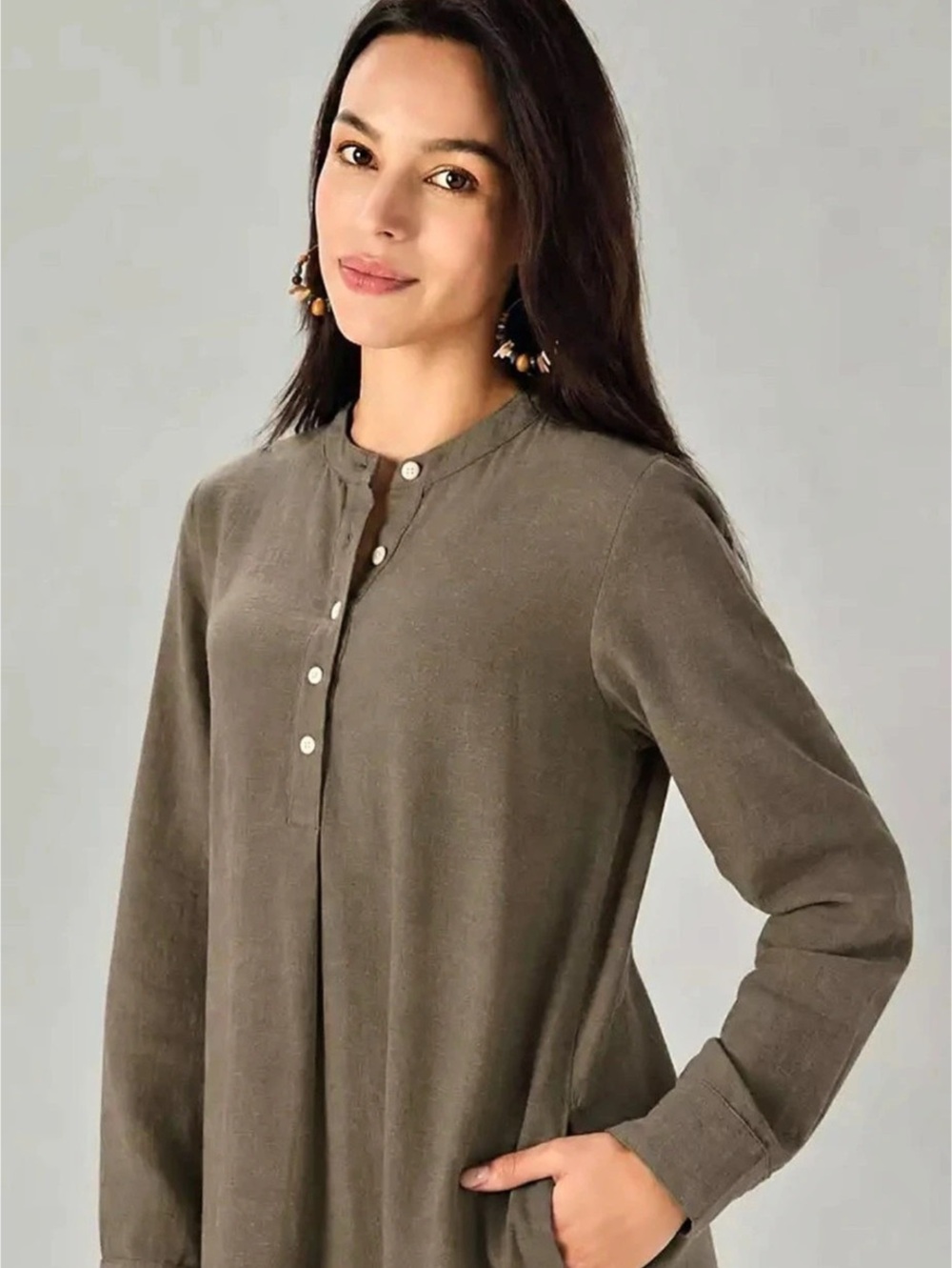 Eileen Fisher decent looking olive-green, long-sleeve mandarin collar shirt dres